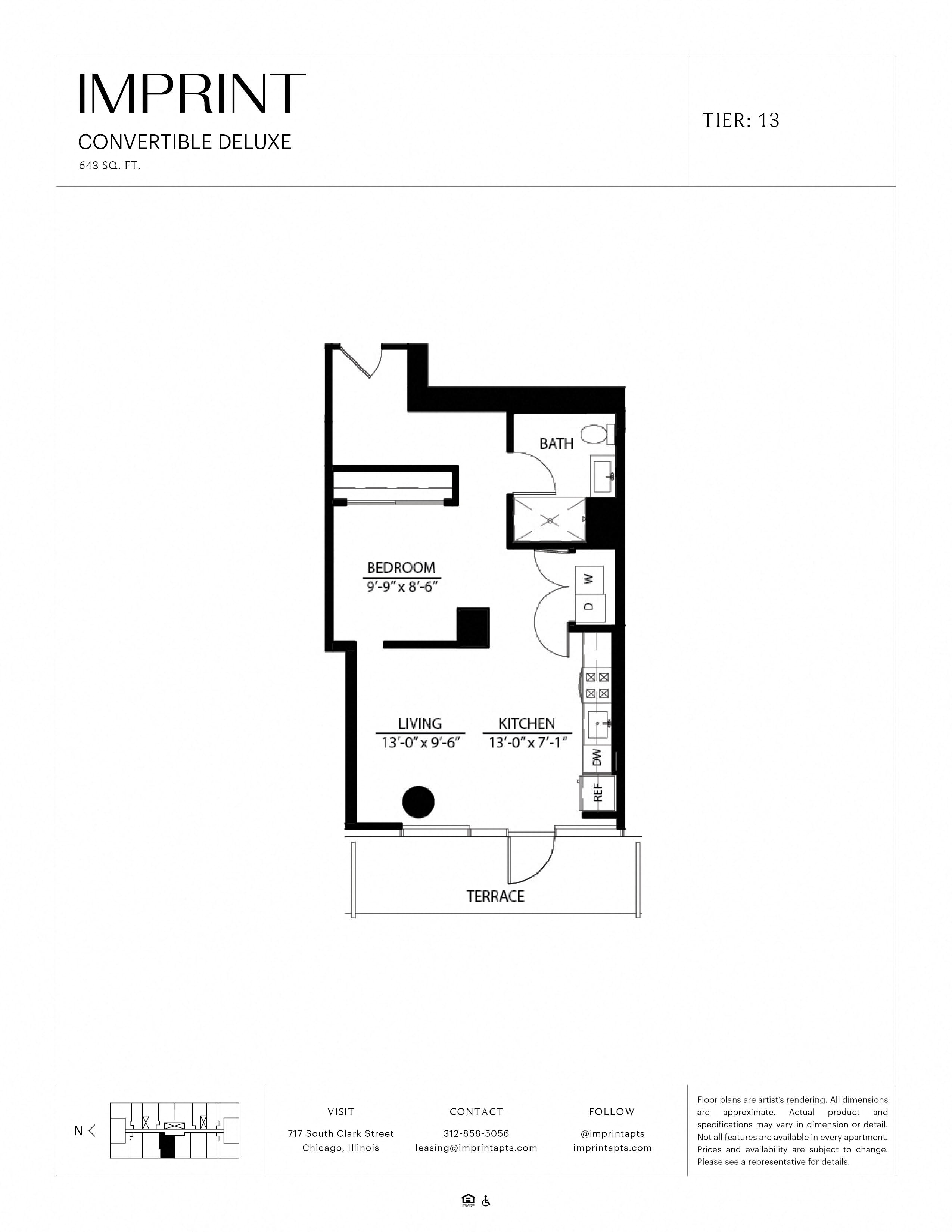 Floor plan for studio, 1 bath, 643 sqft